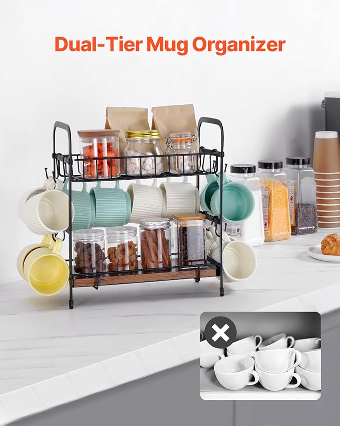 VEVOR 2 Tier Coffee Bar Organizer for Countertop, Multifunctional Mug Holder and Coffee Station, 12 Movable Hooks and 2 Shelves for Coffee Accessories Storage and Display, Home Office (Matte Black)