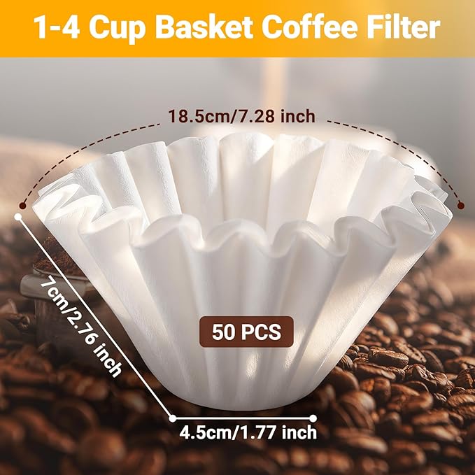 Segarty 1-4 Cup Disposable Basket Coffee Filters, 50 Count 7.2in White Paper-made Filters Pour Over Maker Papers, Ideal Liners for Commercial Household Coffee Percolators Dripper Most Brewer Machines