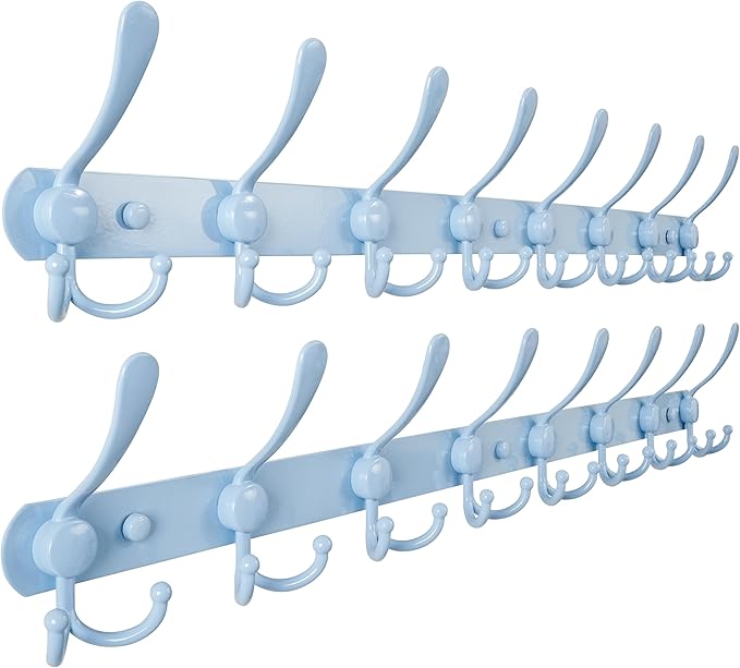 Dseap Coat Rack Wall Mount - 29.5” Long 8-Tri-Hooks Heavy Duty Coat Hanger Rail Wall Hooks for Hanging Coats Hats Clothing Clothes Purse Mudroom Entryway, Blue, Pack of 2