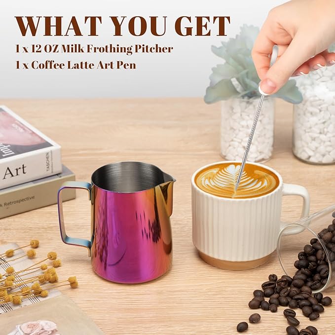 Milk Frothing Pitcher, 12 oz Milk Frother Cup with Clear Scale, 304 Stainless Steel Cappuccino Espresso Machine Accessories for Barista Coffee Bar with Latte Art Pen, Multipurple