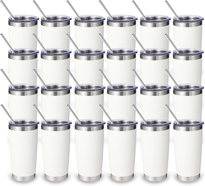Volhoply 20oz Stainless Steel Tumbler with Lid and Straw Bulk 24 Pack,Double Wall Insulated Travel Iced Coffee Mug Fits Cup Holder,Powder Coated Cups for Hot/Cold Drinks,Christmas Gifts（White,24 Set）