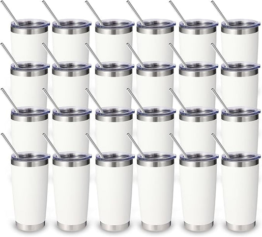Volhoply 20oz Stainless Steel Tumbler with Lid and Straw Bulk 24 Pack,Double Wall Insulated Travel Iced Coffee Mug Fits Cup Holder,Powder Coated Cups for Hot/Cold Drinks,Christmas Gifts（White,24 Set）