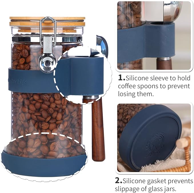 KKC Airtight Coffee Canister, Glass Coffee Bean Storage Contaienr with Silicon Scoop Holder, Non-Slip Silicon Coffee Storage Canister with Spoon for 1 lb Bean,40 Fluid-oz, Indigo