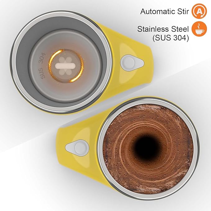 CYANLUX Self Stirring Mug, Automatic Magnetic Stirring, Stainless Steel Electric Mixing Cup with Lid, Milk, Tea (Yellow); Rechargeable