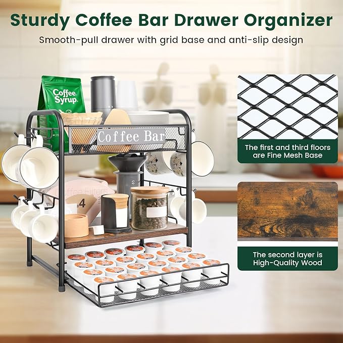Coffee Bar Organizer, Station Mug Holder for Countertop, Multi-Functional 3 Tier Coffee Cup Tree Rack for Kitchen, Storage Shelf with 10 Hooks, K Cup Pod Drawer for Home Office