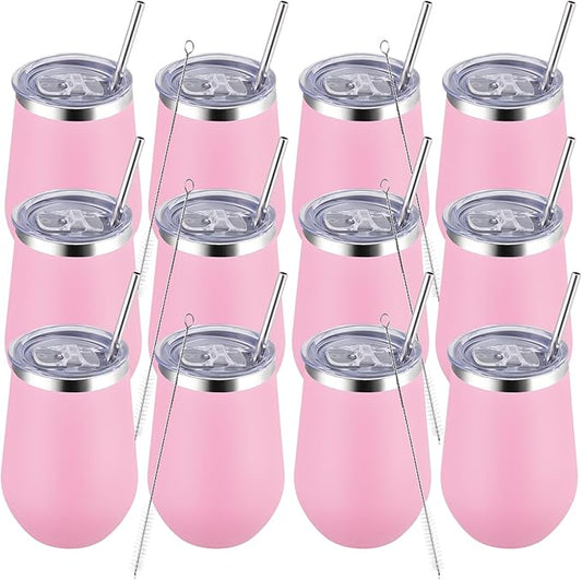 MEWAY 12oz Insulated Wine Tumbler with Lid and Straw - Double Wall Vacuum Stainless Steel Wine glass, Ideal for Travel and Office, Baby shower prizes for winners(Pink,Set of 12)