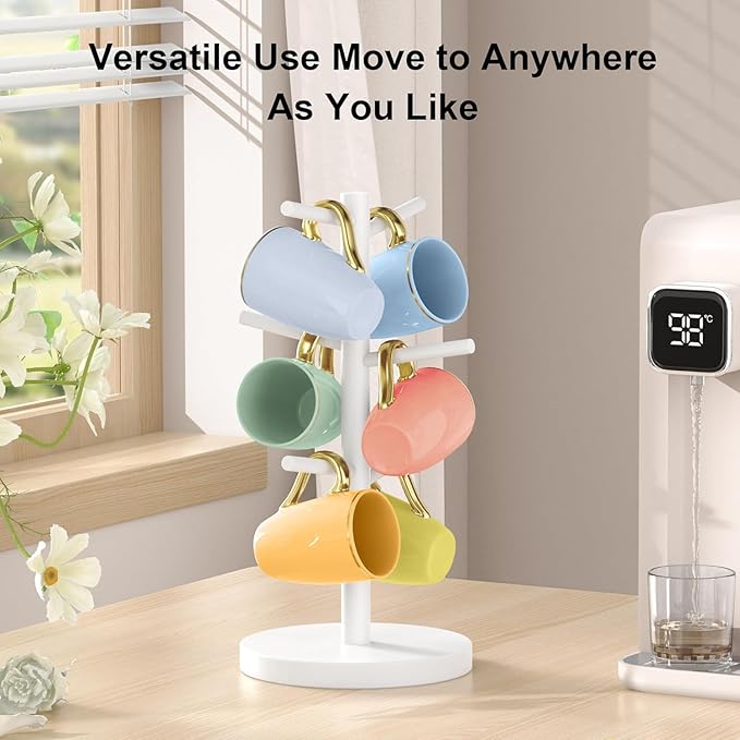 Wisuce Black Coffee Mug Tree Bamboo Mug Holder Coffee Cup Stand Mug Holders for Countertop Coffee Mug Rack Organizer Stand (White)