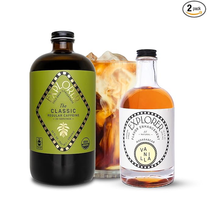 Explorer Cold Brew Coffee Concentrate & Syrup Bundle | Organic Regular Caffeine & Vanilla Coffee Syrup | Gluten Free Instant Liquid Mix | Iced or Hot