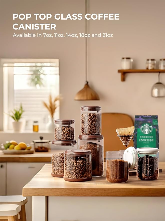 Large Coffee Canister 21 oz, Airtight Food Storage Container with Pop Lid, CO2-Release Valve, High Borosilicate Glass Contianers For Tea Coffee Bean Sugar, 1700ml