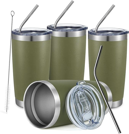 COMOOO 20oz Tumbler Bulk Double Wall Vacuum Insulated Travel Mug, Stainless Steel Tumbler with Lid and Straw Durable Powder Coated Insulated Coffee Cup for Cold & Hot Drinks (Army Green, 4 Pack