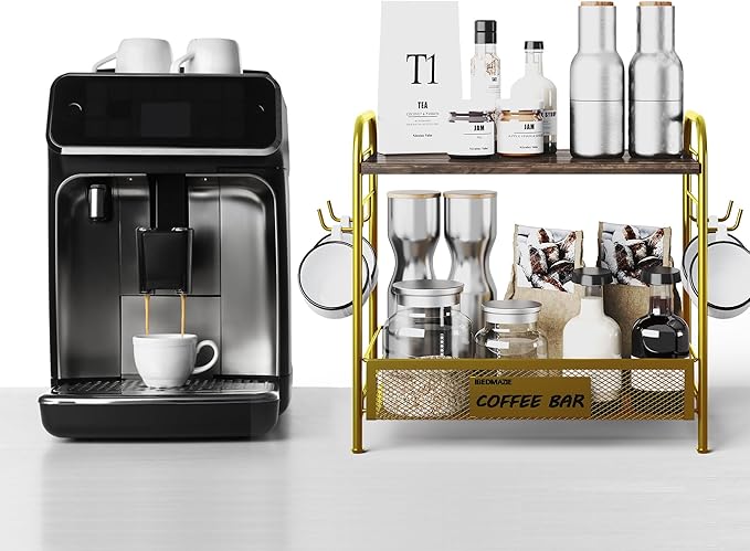 Coffee Bar Organizer for Countertop Station, Simple Assembly 2 Tier Shelf for Home,Office, Coffee Cup Holder Storage Organization for Counter Accessory Storage Rack with 4 Hooks Space-Saving