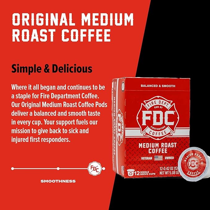 Fire Department Coffee - Gives Back to Firefighters - Original Medium Roast Coffee Pods - Balanced & Smooth - Roasted in the USA - Premium K Cups - Veteran Owned - 24 Single Pods