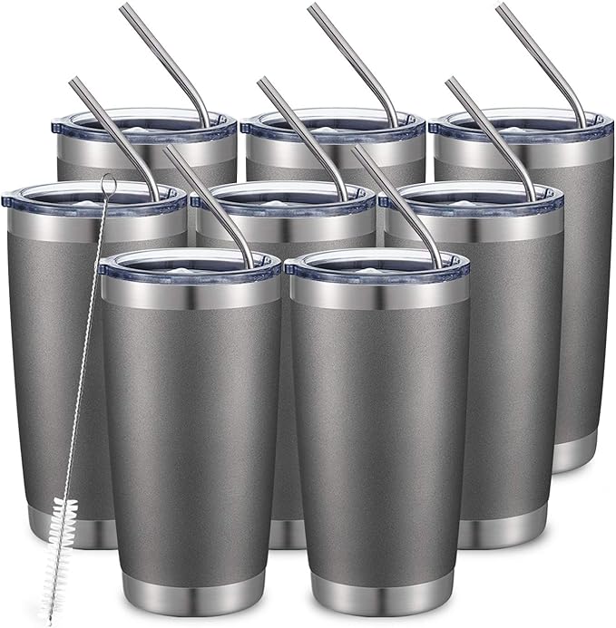COMOOO 20oz/8Pack Tumbler Double Wall Vacuum Insulated Coffee Travel Mug Stainless Steel Tumbler with Lid and Straw Coffee Cup for Cold & Hot Drinks, Home and Outdoor (Cold Grey, 8 Pack)