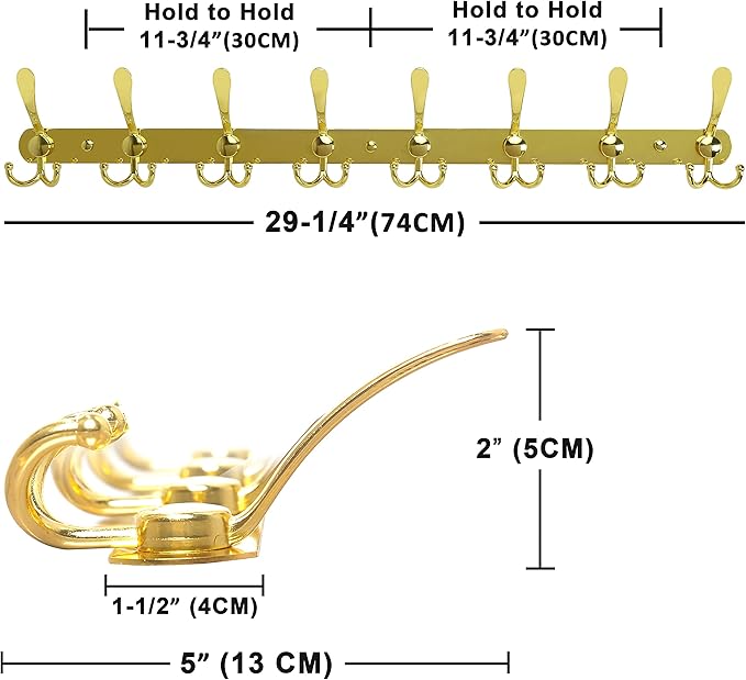 Dseap Coat Rack Wall Mount - 29.5” Long 8-Tri-Hooks Heavy Duty Coat Hanger Rail Wall Hooks for Hanging Coats Hats Clothing Clothes Purse Mudroom Entryway, Gold, Pack of 2