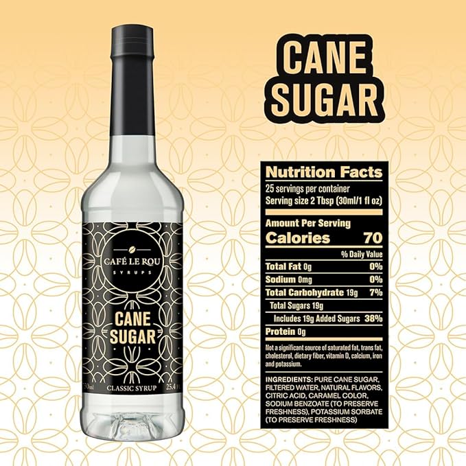 Café Le Rou classic cane sugar syrup bottle with nutrition facts and ingredients label