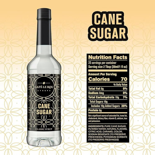 Café Le Rou classic cane sugar syrup bottle with nutrition facts and ingredients label