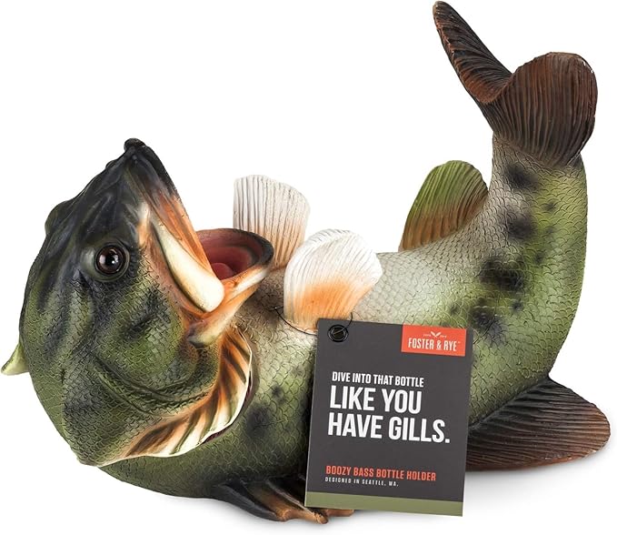 True Boozy Bass Polyresin Wine Bottle Holder - Table Top and Counter Wine Rack, Animal Home Decor - Set of 1, Green, Holds 1 Standard Wine Bottle