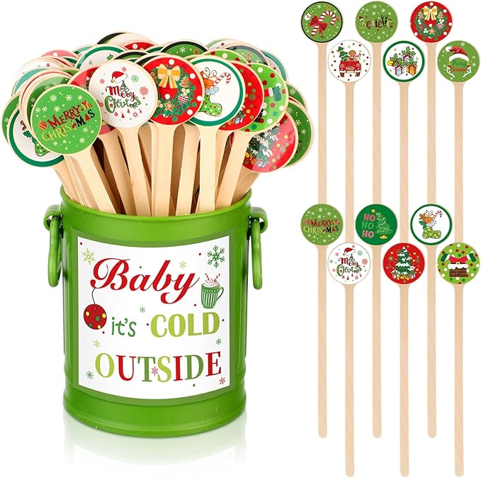 121 Pcs Christmas Wooden Coffee Stirrers with Holder and Wood Cocktail Coffee Stir Sticks Baby It's Cold Outside Disposable Drink Stirrers for Stirring Hot Restaurant Home Office(Green)