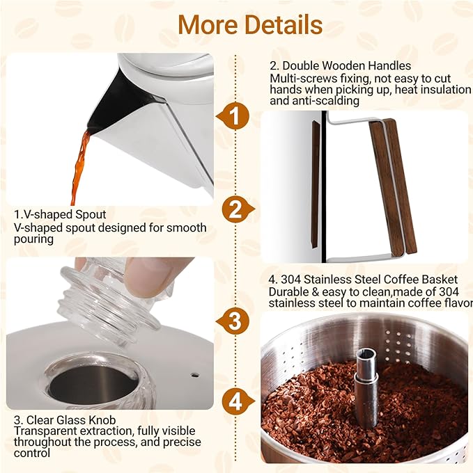 No Coating 9 Cup Percolator Coffee Pot 304 Stainless Steel Moka Pot Stovetop Espresso Maker Italian Greca Cuban Machine 1500ml 50.7oz Suitable for Gas Induction Stovetop Camping Kettle