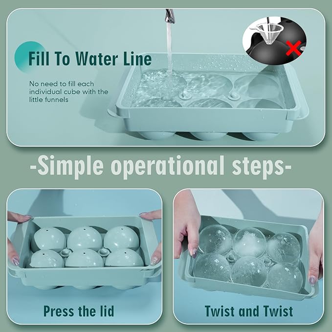 WIBIMEN Large Ice Cube Molds, Big Round Whiskey Ice Cube Trays for Freezer, Easy to Fill & Release, Whiskey Bourbon Cocktail(2.5In*6 Balls- Blue/2 Pack)