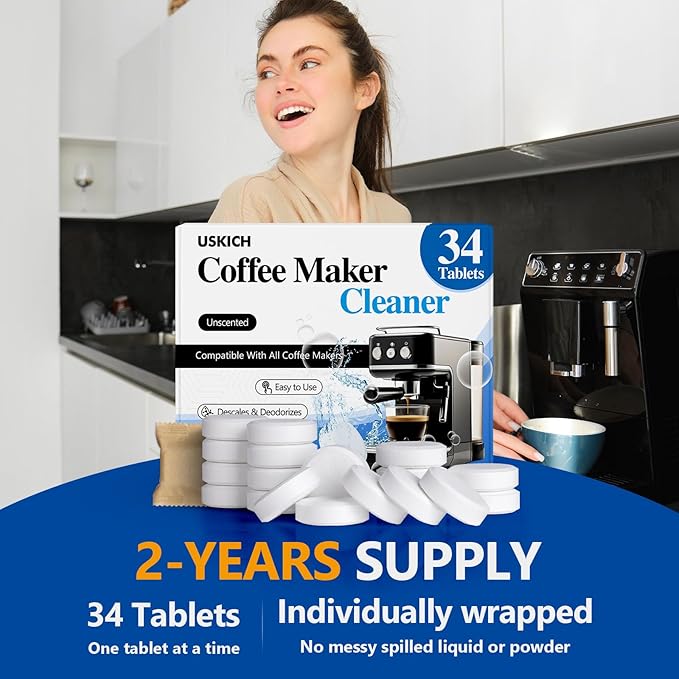 Coffee Machine Cleaner Descaler Tablets 34 Pack, Coffee Maker Cleaner for Keurig, Ninja, Breville, Delonghi, Nespresso, Miele,Espresso Machine Cleaning Tabs,Descaling Solution for Coffee Pot Maker
