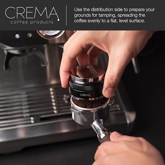 CREMA Coffee Products 54mm Hand Tamper & Coffee Distributor | Compatible with Breville Portafilters | Double-Sided, Adjustable Depth Tool | Made with Durable 304 Stainless Steel | Silver