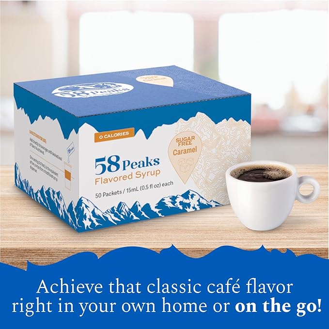 58Peaks Sugar-Free Caramel Syrup Sweetener Packets for Hot and Cold Drinks | To-Go Syrup Flavoring Perfect for Coffee, Tea, Milkshakes and More | Flavored Coffee Syrups for Travel | 15mL | 50-Pack