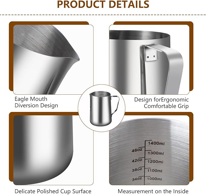 46oz Milk Frothing Pitcher with Latte Art Pen-Stainless Steel Steaming Jug for Espresso, Cappuccino & Coffee-Heat-Resistant, Dripless Spout, Measurement Scale, Dishwasher Safe (1400ml/46oz)