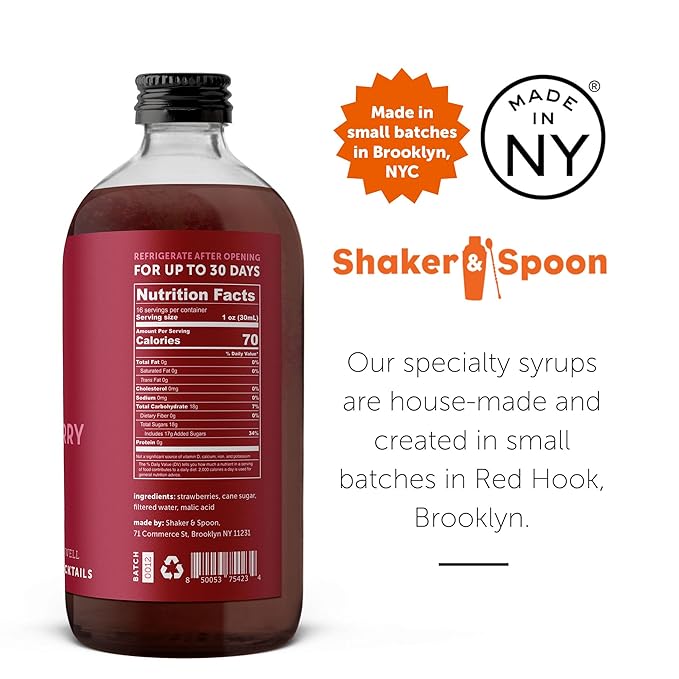 Shaker & Spoon Strawberry Syrup, 16oz Cocktail Syrup for Craft Cocktails, Mocktails, Non Alcoholic Drinks, Cocktail Mixers, Strawberry Lemonade, Soda Syrups