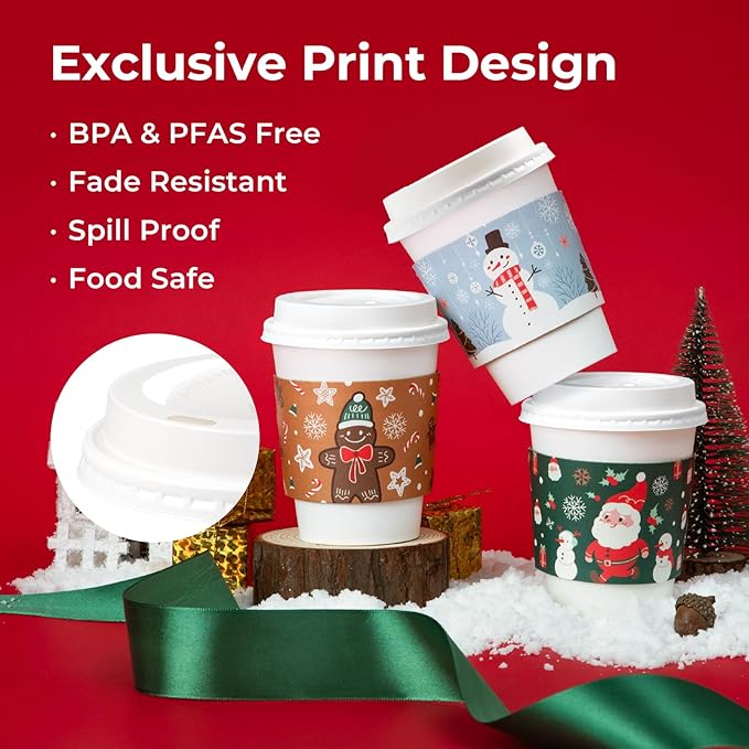 Fit Meal Prep 50 Pack 20 oz Christmas Disposable Coffee Cups with Lids, Sleeves, Leak-Proof To Go Coffee Cups with Lids, Durable Holiday Hot Paper Cups for Home, Office, Party, Business