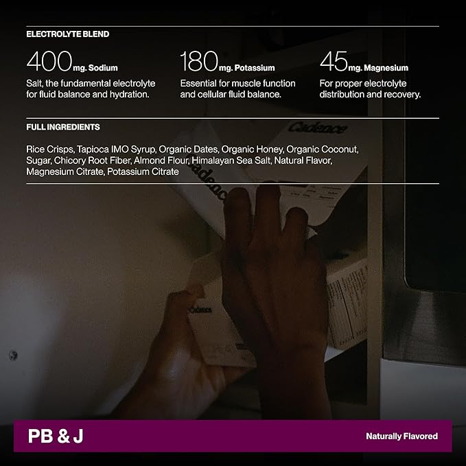 Cadence Peanut Butter & Jelly Energy Bar - Case (50g x 12) | 40g Carb Blend with Organic Dates & Honey | Electrolytes for Hydration & Recovery | Natural Ingredients | Vegan-Friendly Fuel for Endurance Sports