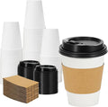 Lamosi 50 Pack 12 oz Disposable Coffee Cups with Lids and Sleeves, White To Go Leak-Proof Black Paper Cups for Picnics, Parties, Travel, Offices and Coffee Bar Supplies