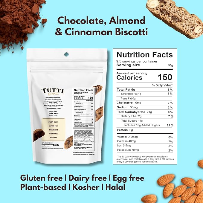 Tutti Gourmet Gluten Free Chocolate, Almond & Cinnamon Biscotti, 9.9 oz (283g) Resealable Cookie Bag - Vegan and Halal Snacks