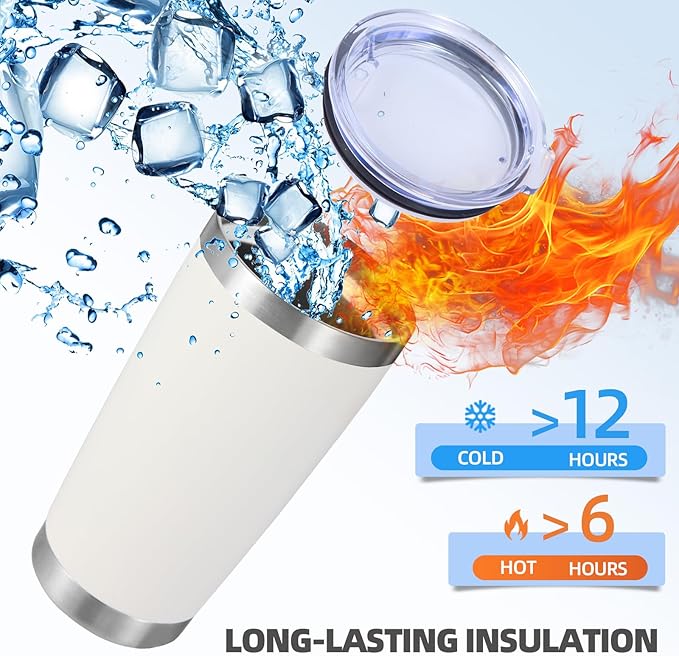 Volhoply 20oz Stainless Steel Tumbler with Lid and Straw,Double Wall Insulated Travel Iced Coffee Mug Fits Car Cup holder,Powder Coated Cups for Hot and Cold Drinks,Gifts for Women Men（White,1 Set）