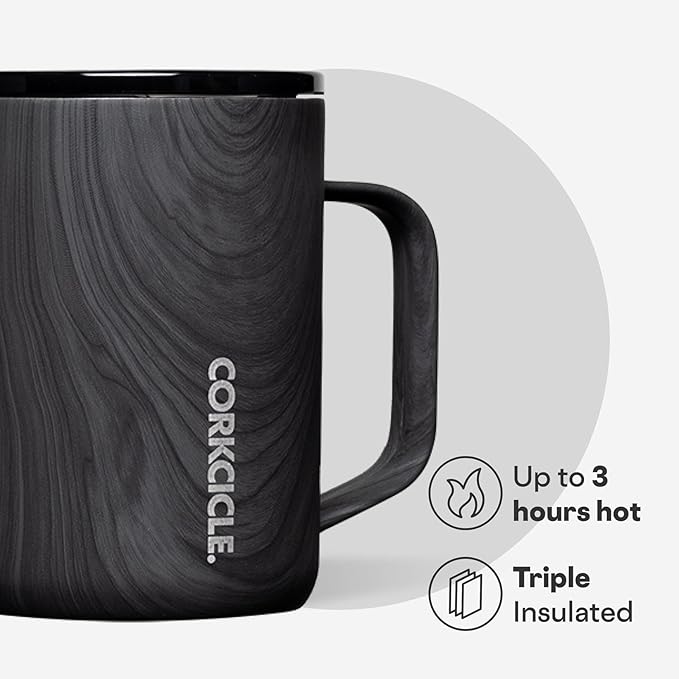 Corkcicle Classic Coffee Mug - Triple Insulated Stainless Steel for Travel - Shatter-Proof Lid - Keeps Drink Hot Over 3 Hours - Holiday Mug Gift - Great for Gifting Warmth - 16 oz - Burnt Wood