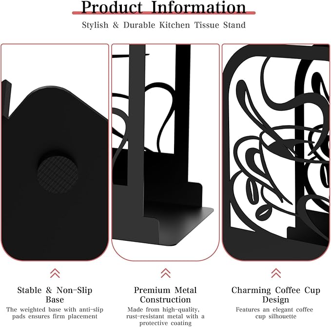 Modern Standing Napkin Holder for table, Black Metal Napkin Dispenser, Coffee time Theme Style Napkin Holder, Suitable for Kitchen, Coffee Shop, Dining Room