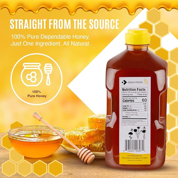 Dependable Food Raw Honey - 5 Lb. - Squeeze Bottle - 100% Pure, Raw, All Natural, Wildflower Honey - Hive to Bottle - 80 oz