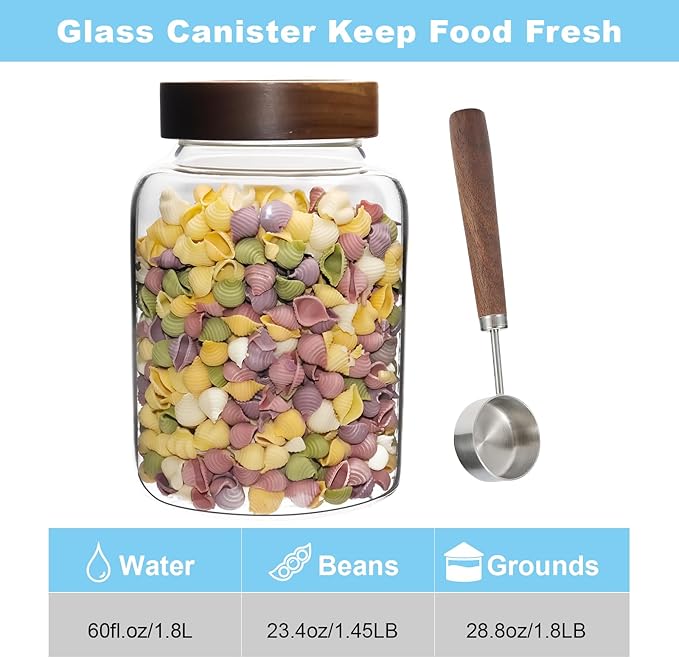 Glass Spice Jar Coffee Sugar Container Airtight Glass Jar Food Storage Canisters Bottle for Kitchen Seasoning Tea Herb Overnight Oats Bar Parfait Snacks (1800(60oz)-1 pack-with spoon)