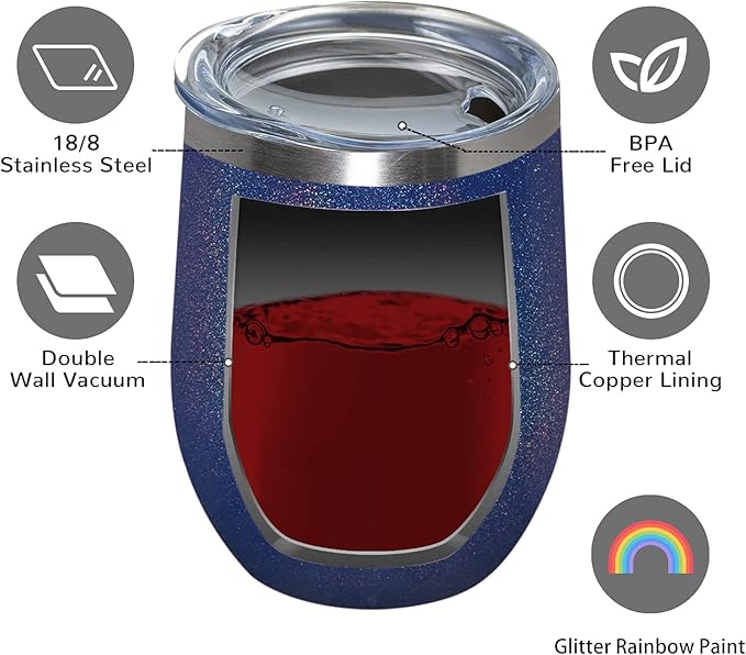 MEWAY Stemless 12 OZ Wine Tumbler Glasses with Lid -Insulated Double Wall Vacuum Stainless Steel Glitter Tumbler with Straw,for Woman Under 10 dollars (Rainbow Navy,1)