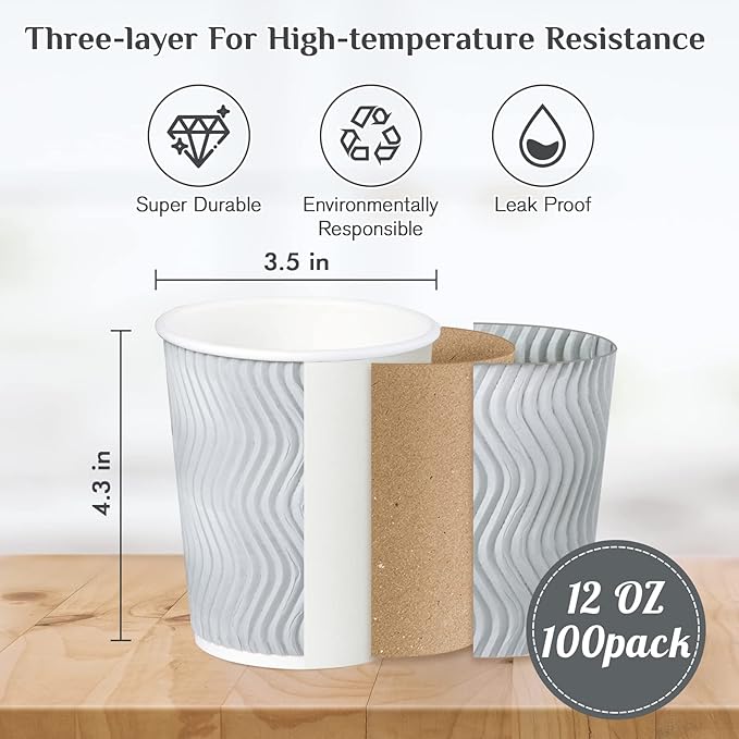 MUCHII 12 oz Disposable Coffee Cups, 100 Count Insulated Ripple To Go Cups With Lids and Straws for Tea, Hot Chocolate, and Drinks