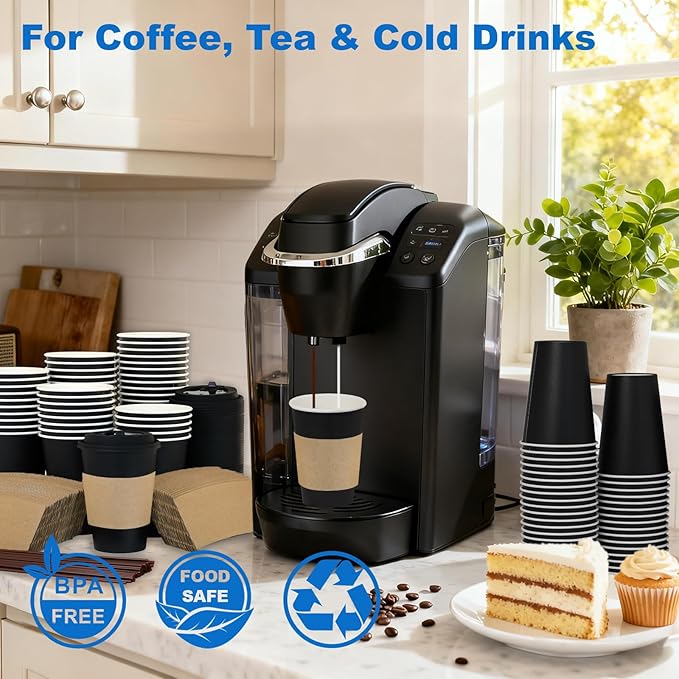 12 oz 500 Pack Coffee Cups with Lids and Sleeves, Straws, Hot Disposable To Go Travel Paper Cups Bulk for Office, Home Coffee Bar Accessories, Chocolate, Cocoa, Beverage (Black)