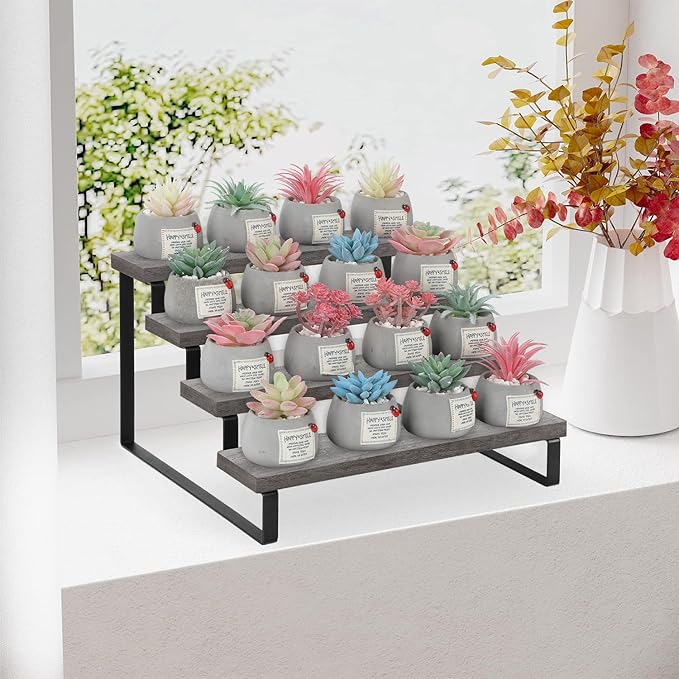 YINMIT Wooden Display Riser Stand, Tiered Perfume and Cologne Organizer Stand, 4 Tier Spice Rack Organizer, Rustic Display Shelf for Candles (4 Tier,Grey)