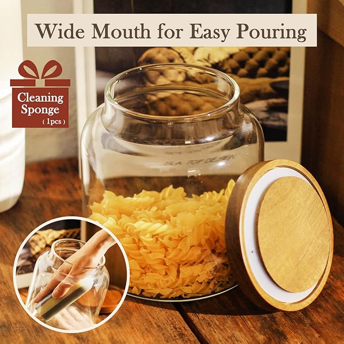 Labina Glass Storage Container Airtight Food Jars Kitchen Canister with Wood Lids, 54 Oz (1600ml) Wide Mouth Pantry Organization Glass Jar for Flour, Sugar, Cookie, Spagetti, Nuts and Candy (2 Pack)