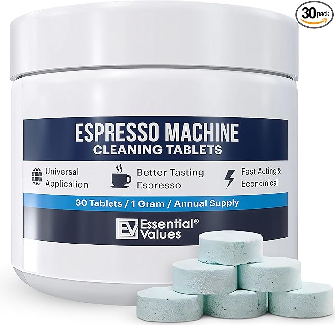 Essential Values Espresso Machine Cleaning Tablets (30 Tablets), Compatible with Breville Barista Express, Gaggia, Delonghi, Jura, Philips - Universal Descaler for Espresso Machines