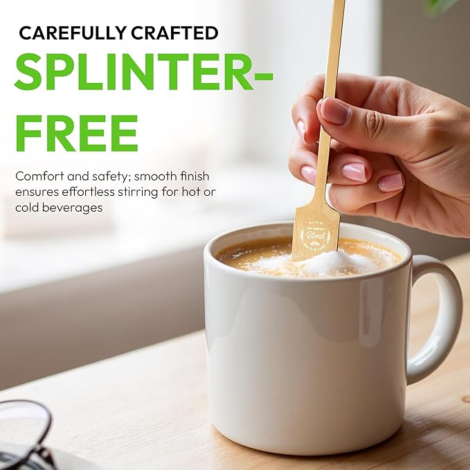 6.25" Wooden Coffee Stirrers with Square Heads – Customizable Stir Sticks with Logo or Text | Eco-Friendly Drink Stirrers for Coffee, Tea, Beverages & Events (6.25" - Pack of 100)