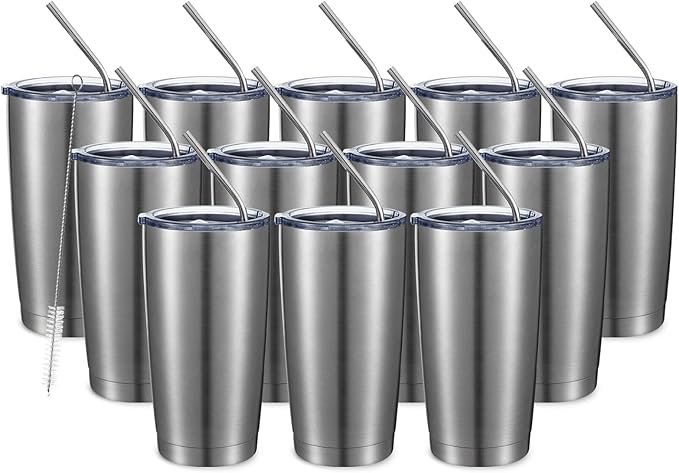 COMOOO 20oz Stainless Steel Tumbler Double Wall Vacuum Coffee Cup Insulated Travel Mug with Lid and Straw Durable Powder Coated Insulated Coffee Cup for Cold & Hot Drinks (Silver, 12 pack