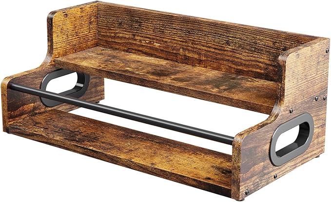 KLM Liquor Bottle Display Shelf, Coffee Syrup Rack Organizer, 2 Step Countertop Liquor Wine Rack, mini bar,Liquor Cabinet, Home Retro Bar Shelf Stand for Liquor Whiskey, Spirits, Brown