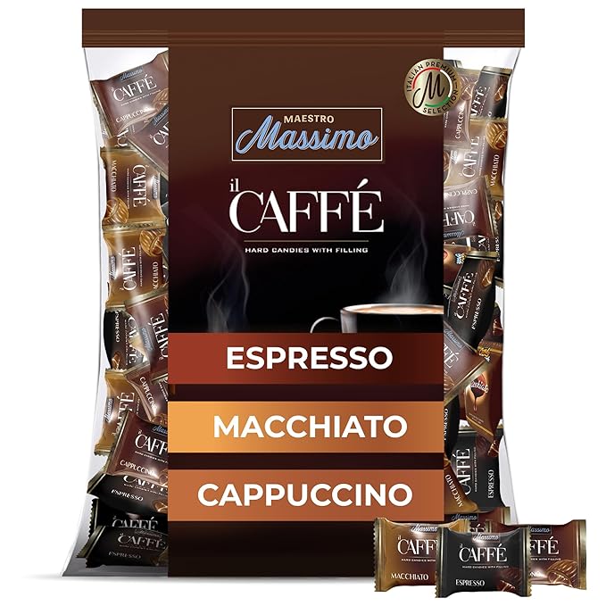 Maestro Massimo Coffee Candy with Center Filling, 3mg Caffeine per Candy, Individually Wrapped, Macchiato, Espresso, Cappuccino Flavored, 2.2 Pound Bulk Bag - Pack of 1