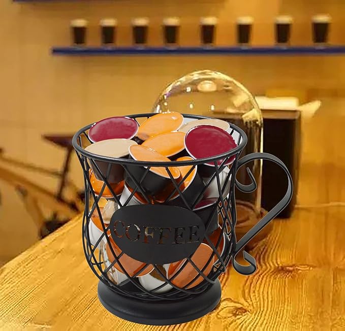 Coffee Pod Holder Mug Shape Multi Use K Cup Holder Coffee Station organizer Storage Wire Basket Food Storage for Counter Coffee Bar Black