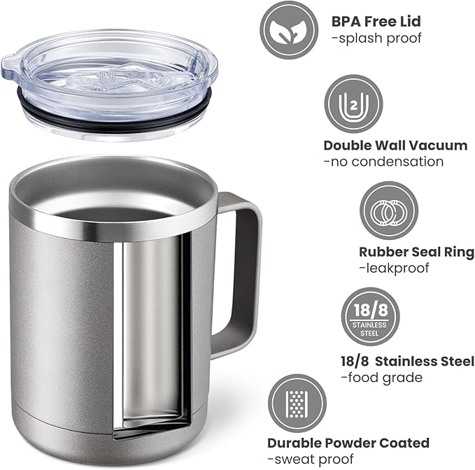 MEWAY 12oz Coffee Mug With Handle and Sliding Lid,Stainless Steel Travel Tumbler Cup with Handle,Double Wall Vacuum Insulated Camping Cup for Hot & Cold Drinks Tea (Cold Grey,Set of 1